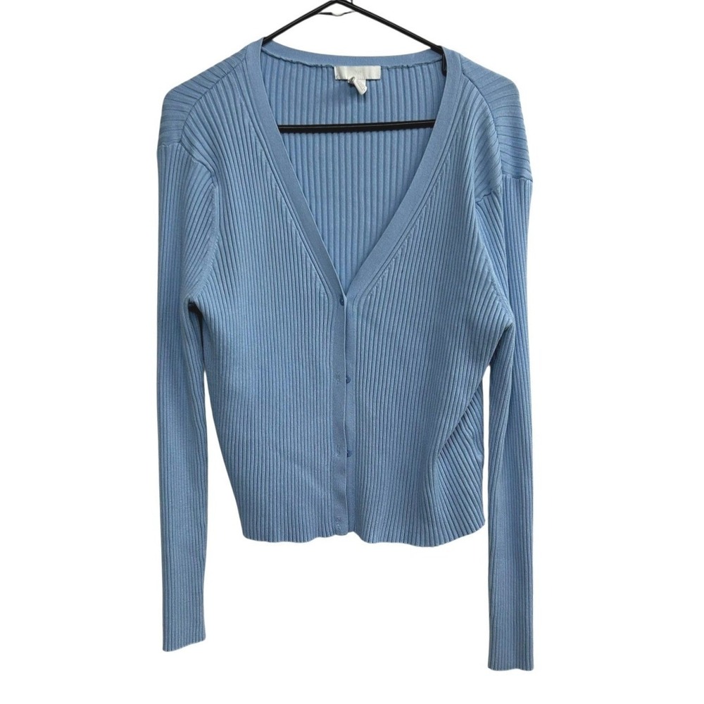 Blue Rib Knit Cardigan XXL Layering V Neck Button Front Capsule Minimalist